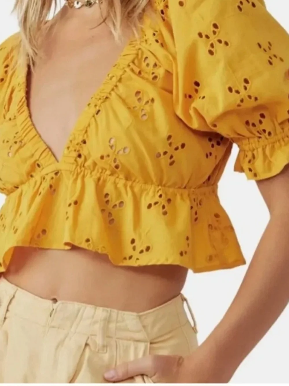 Free People Golden Mustard Eyelet Ruffle Peplum Top